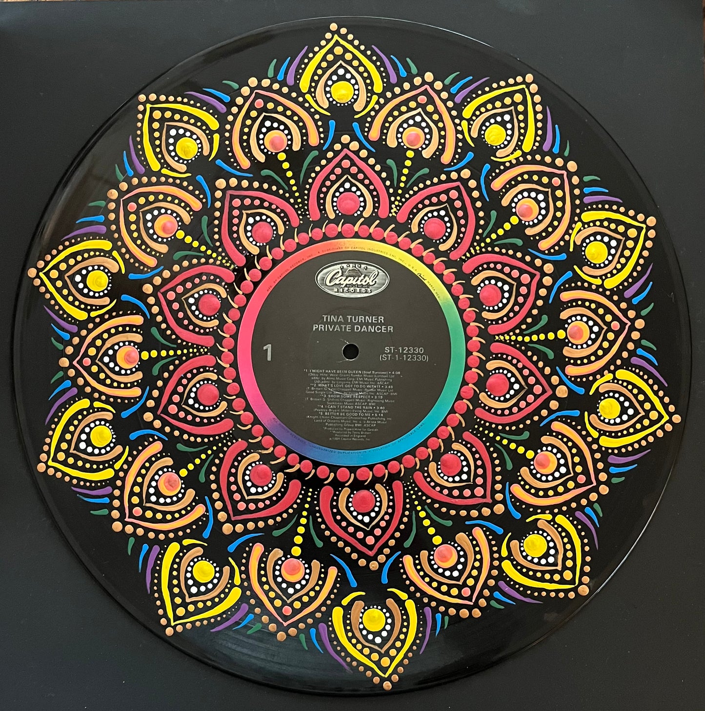 Tina Turner - Private Dancer mandala dot painted vinyl record album