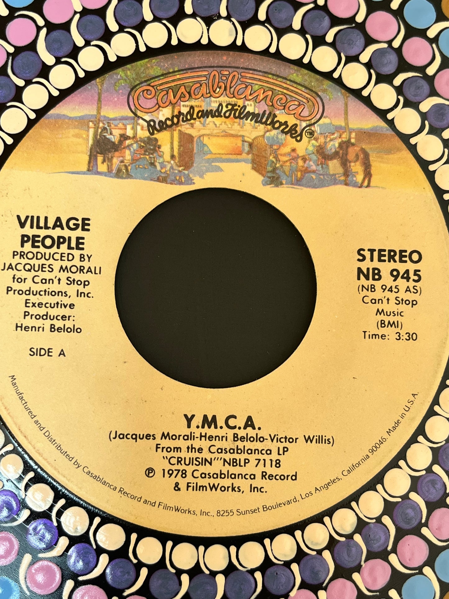 The Village People - YMCA (45rpm) Framed mandala dot painted vinyl record