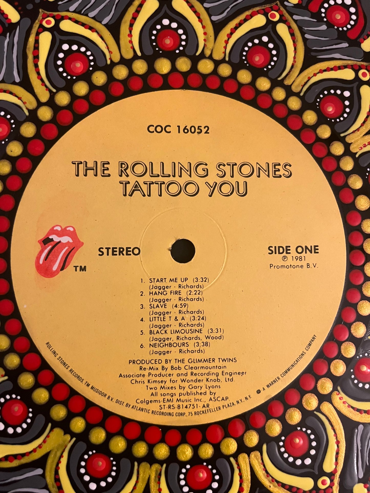 The Rolling Stones - “Tattoo You” mandala dot painted vinyl record album
