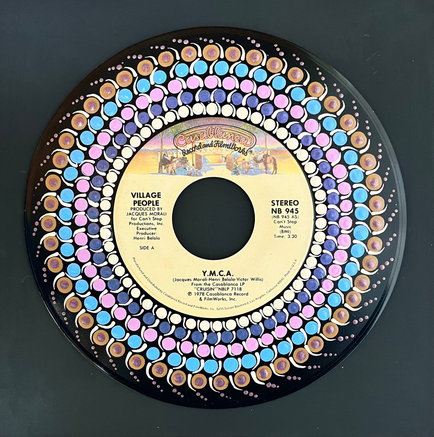 The Village People - YMCA (45rpm) Framed mandala dot painted vinyl record