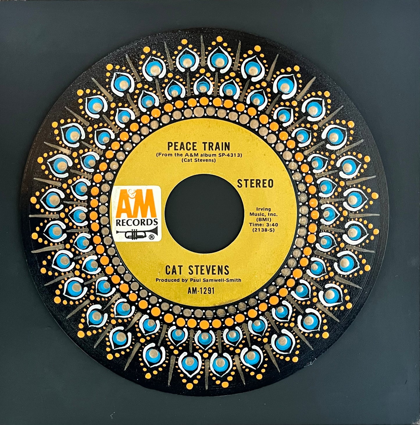 Cat Stevens - Peace Train (45rpm) Framed mandala dot painted vinyl record