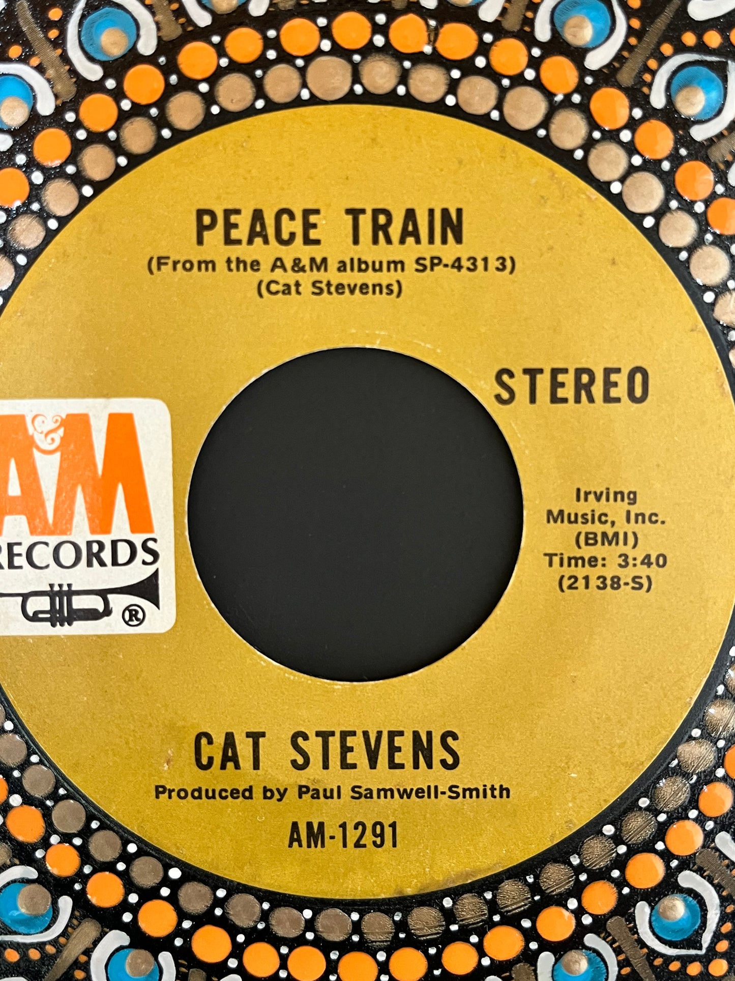 Cat Stevens - Peace Train (45rpm) Framed mandala dot painted vinyl record