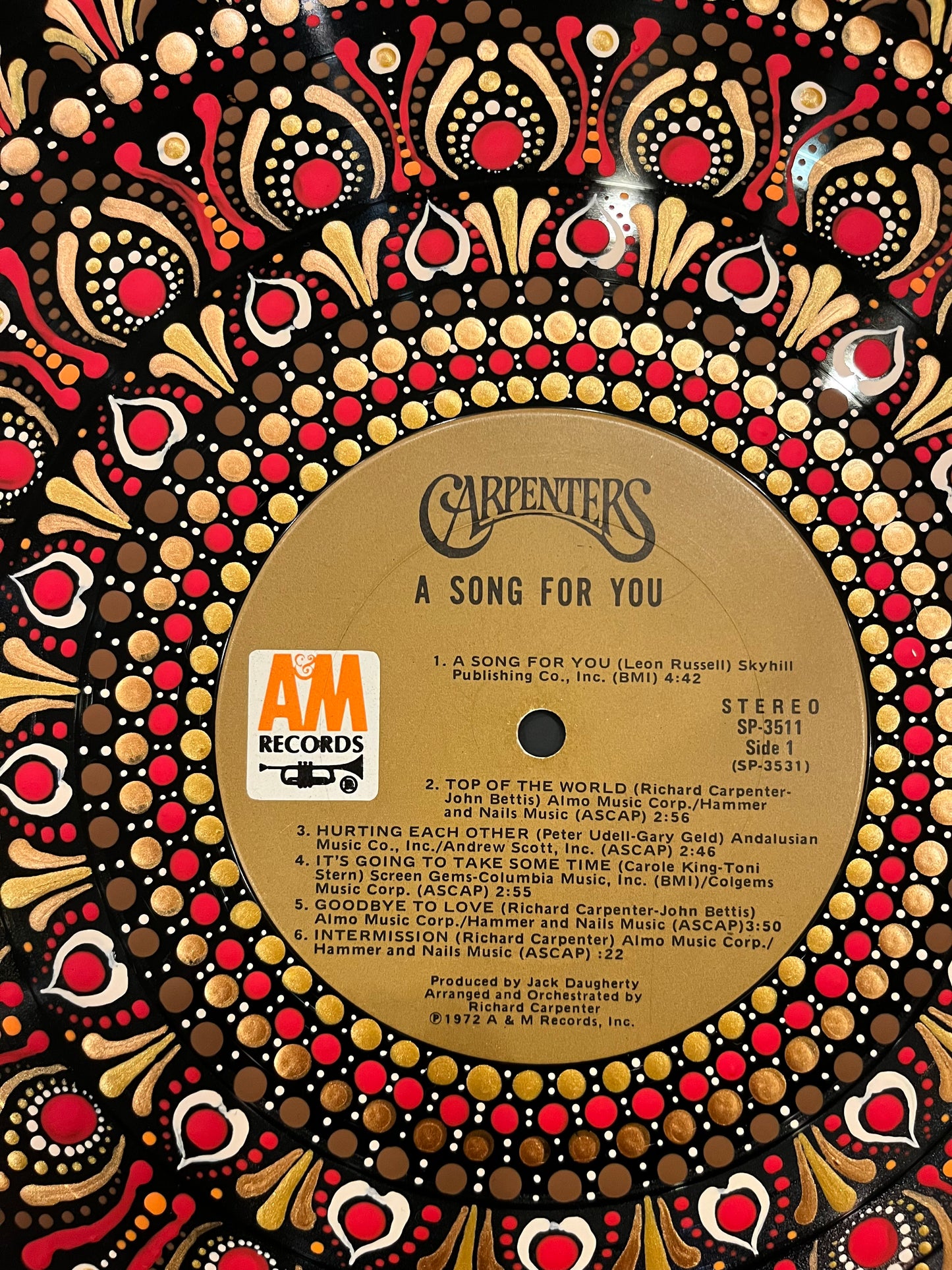 Carpenters- “A Song For You” mandala dot painted vinyl record album